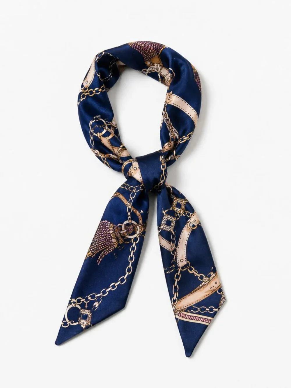 Navy Equestrian Print Skinny Silk Scarf Hair Neck Bag Accent